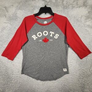 Roots Womens Medium Red Raglan 3/4 Sleeve T-Shirt Canada Maple Leaf Logo